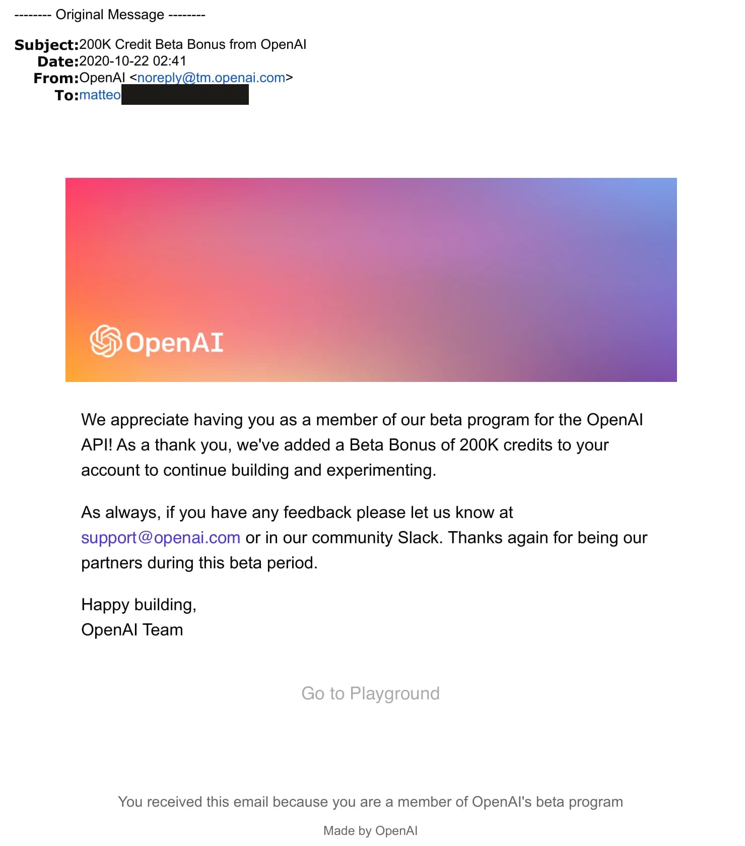 Email di OpenAI del 22 ottobre 2020: bonus beta di 200K crediti, con indirizzi oscurati