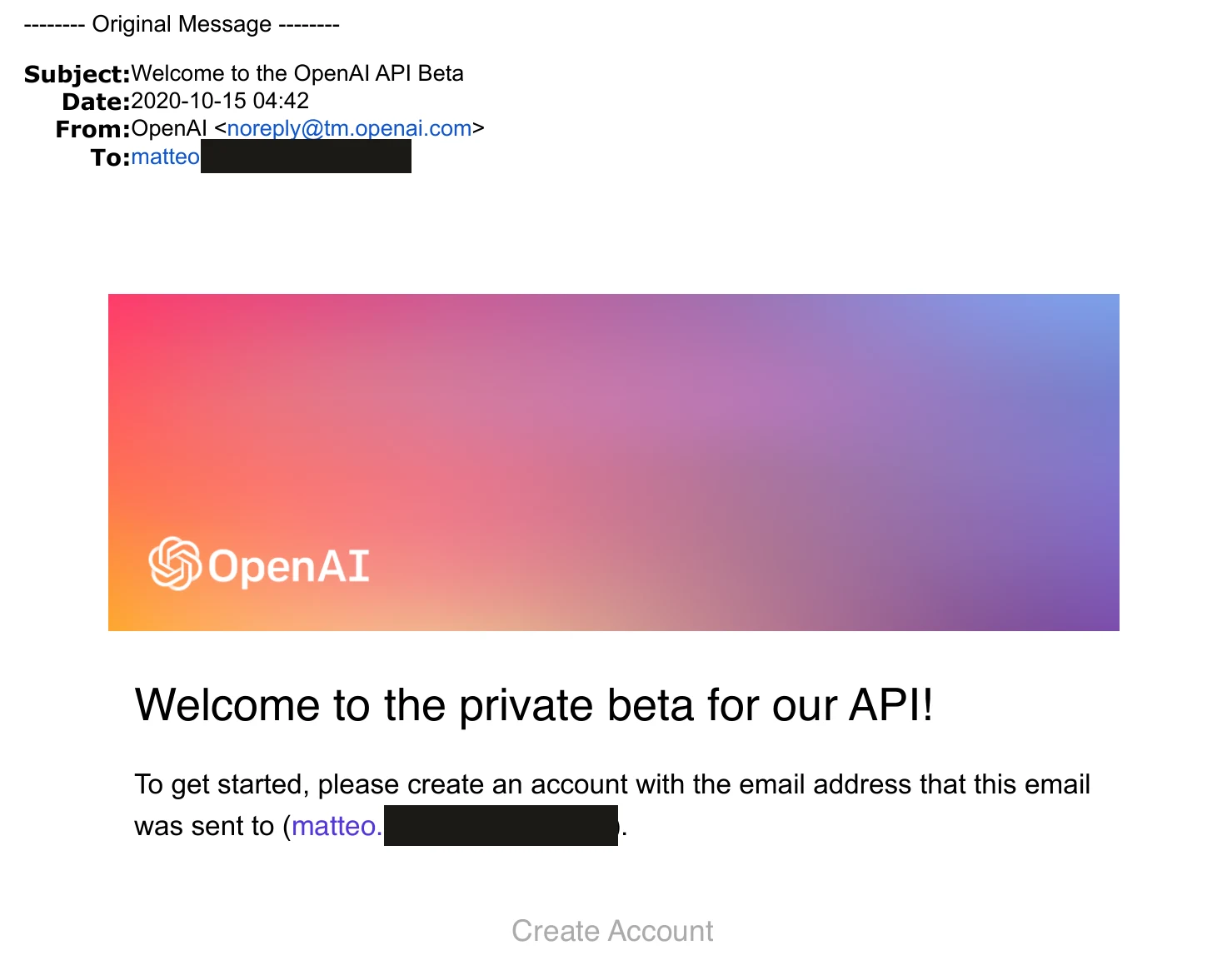 Email di OpenAI del 15 ottobre 2020: benvenuto nella beta privata delle API, con indirizzi oscurati