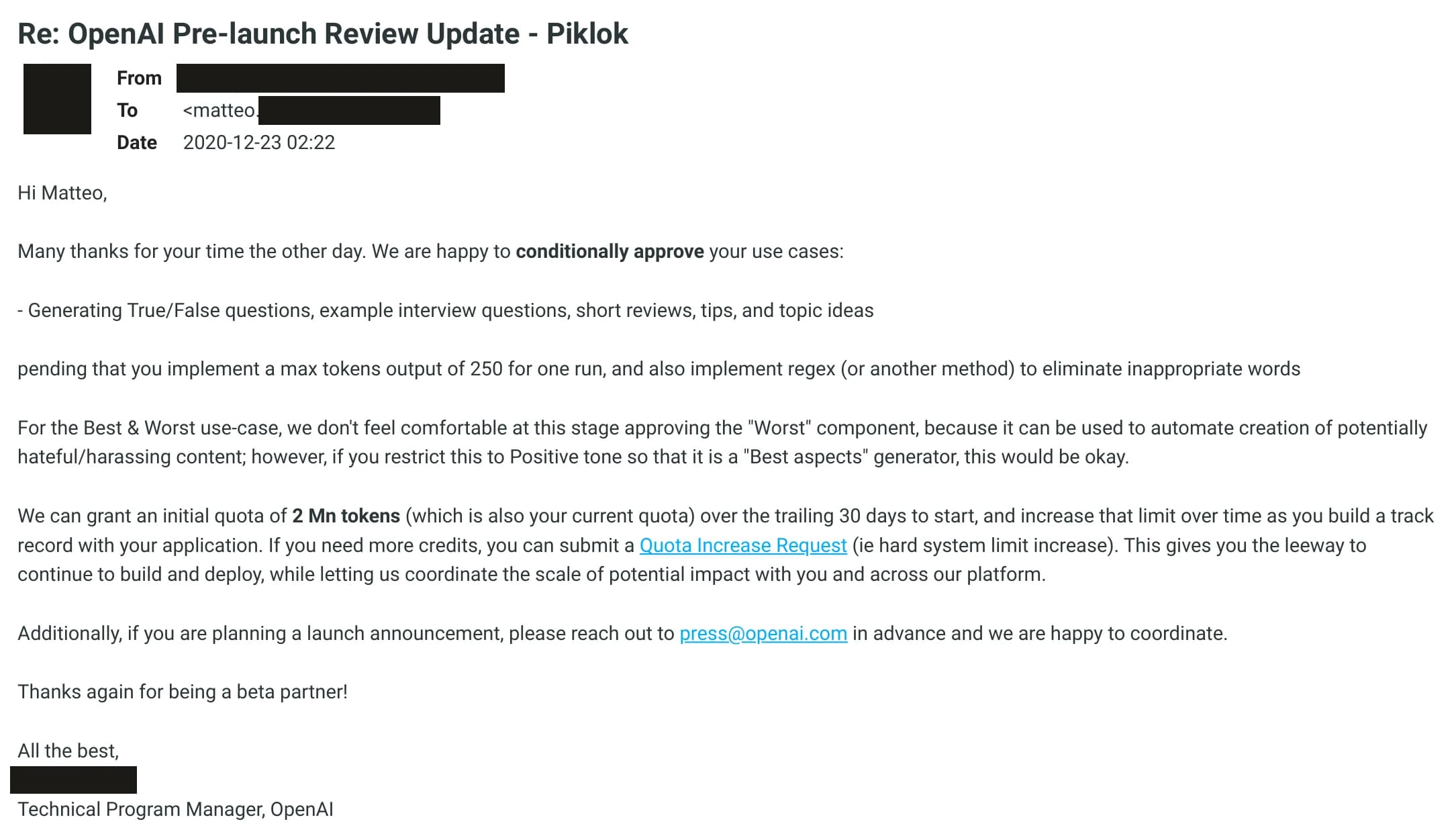 Email di OpenAI del 23 dicembre 2020: approvazione condizionata dei casi d’uso per la produzione, con nomi e indirizzi oscurati