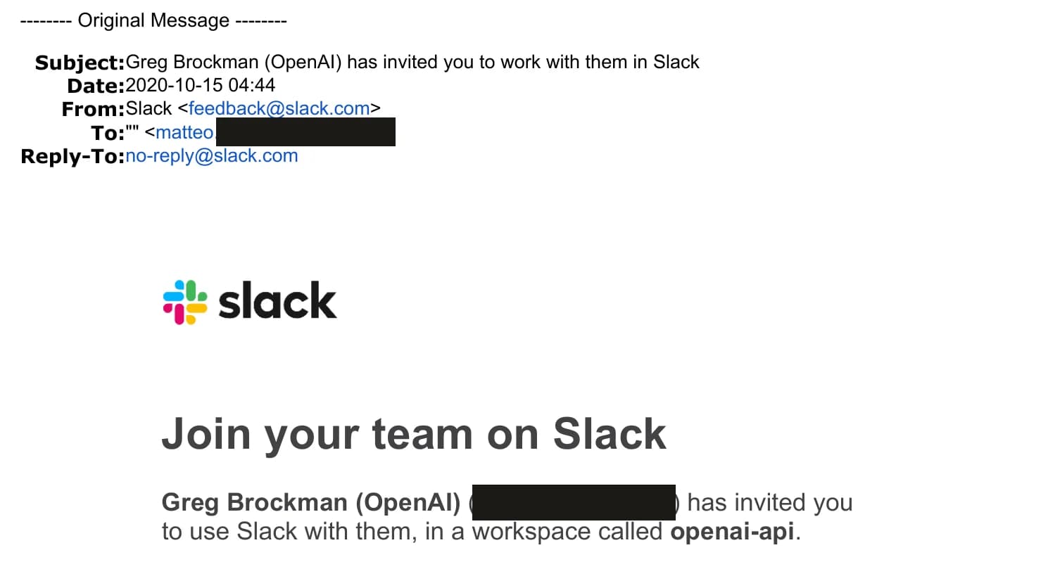 Email di Slack del 15 ottobre 2020: invito al workspace openai-api da parte di Greg Brockman, con indirizzi oscurati